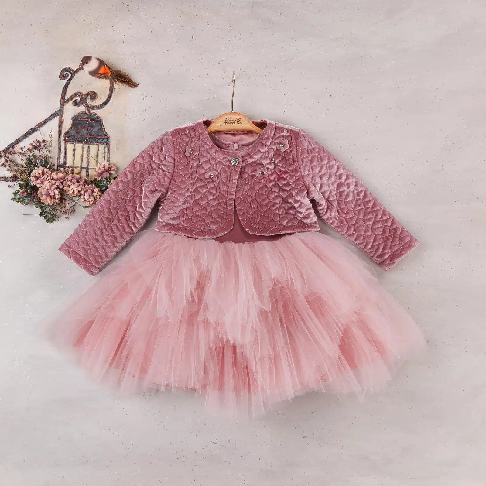 Girls Two Piece Layered Net Velvet Dress and Diamante Bolero Set (2-5Y)