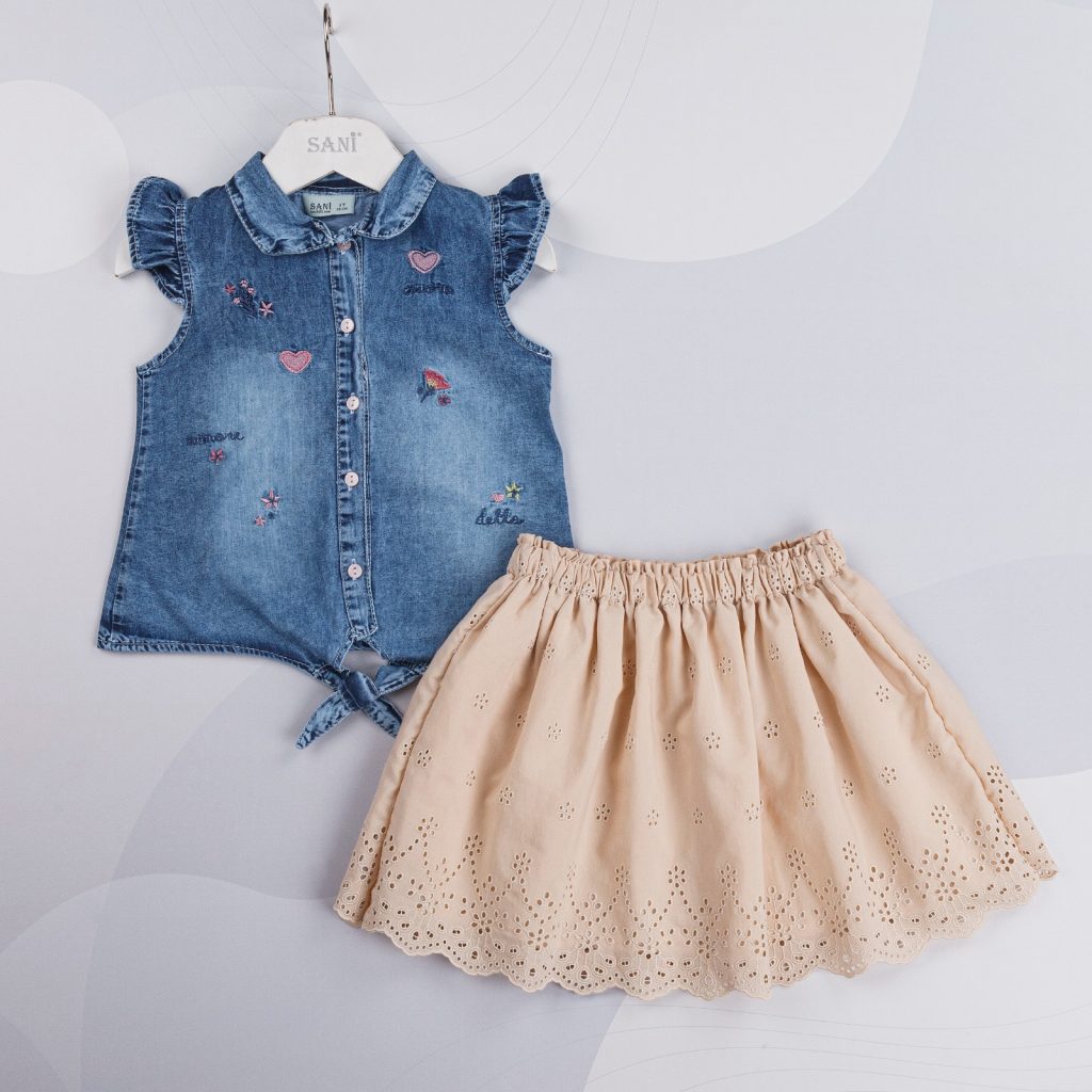 Kid Girl Striped Hooded Pleated Denim Skirt 2-piece Set