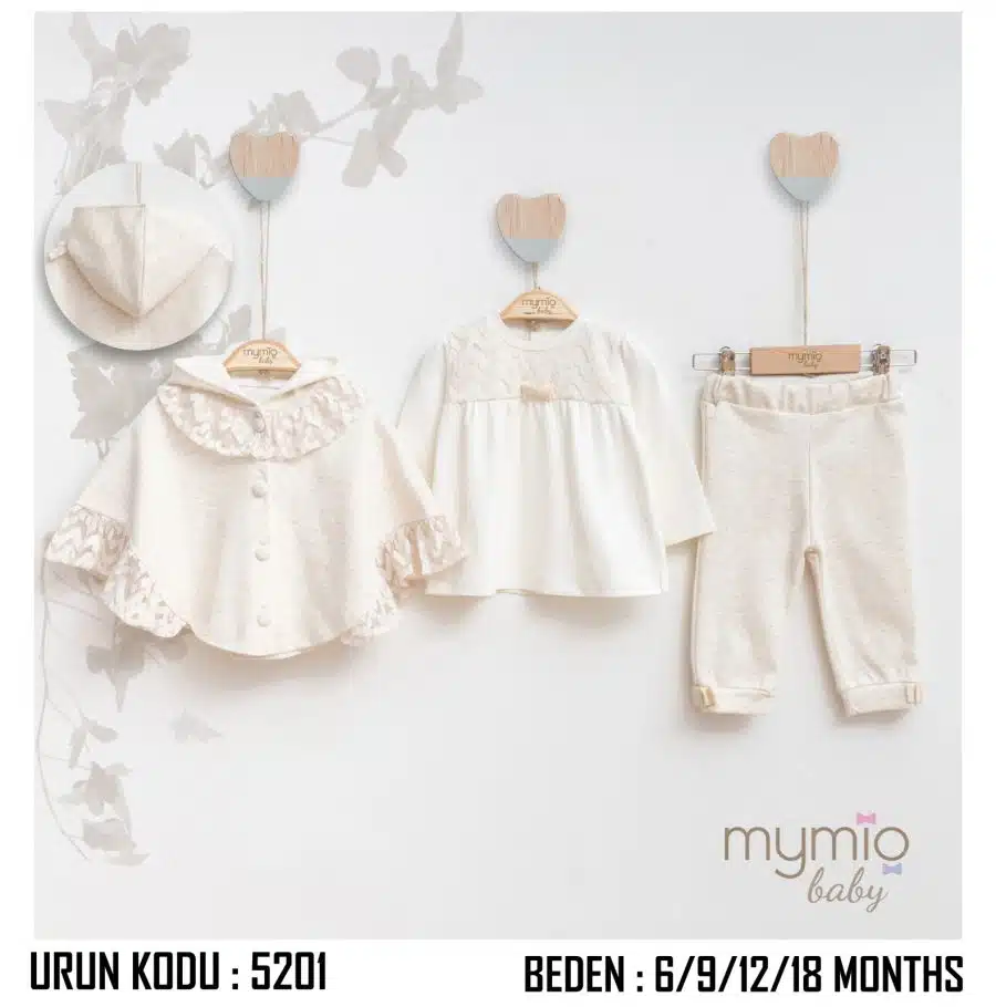 5201 Baby Girls Three Net Trim Buttoned Hooded Poncho Spanish Set (6-18M)