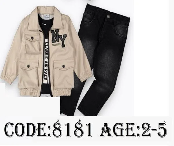 8181 Boys Three Piece "New York" Faux Leather Jacket and Jeans Set (2-5Y)
