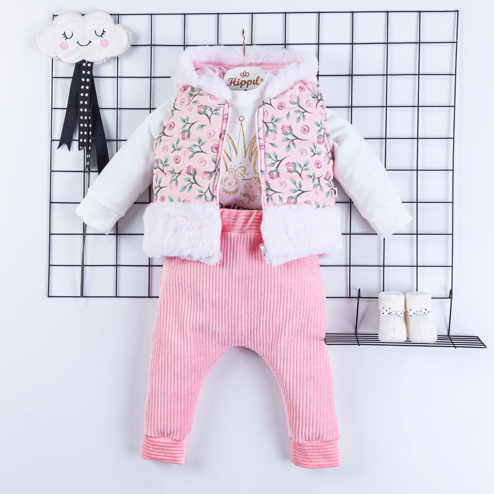 Baby Girls Three Piece Floral Fur Trim Gillet Set (6-18M) - Junior Kids