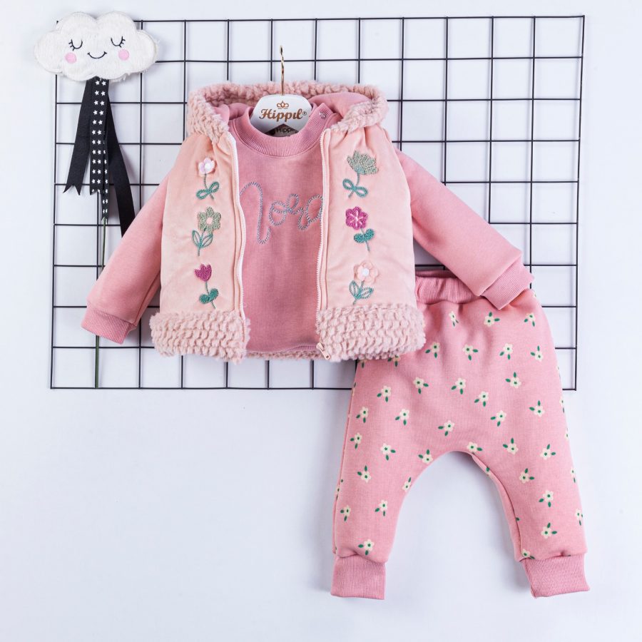 Baby Girls Three Piece Flower Fur Gillet Set (9-18M) - Junior Kids