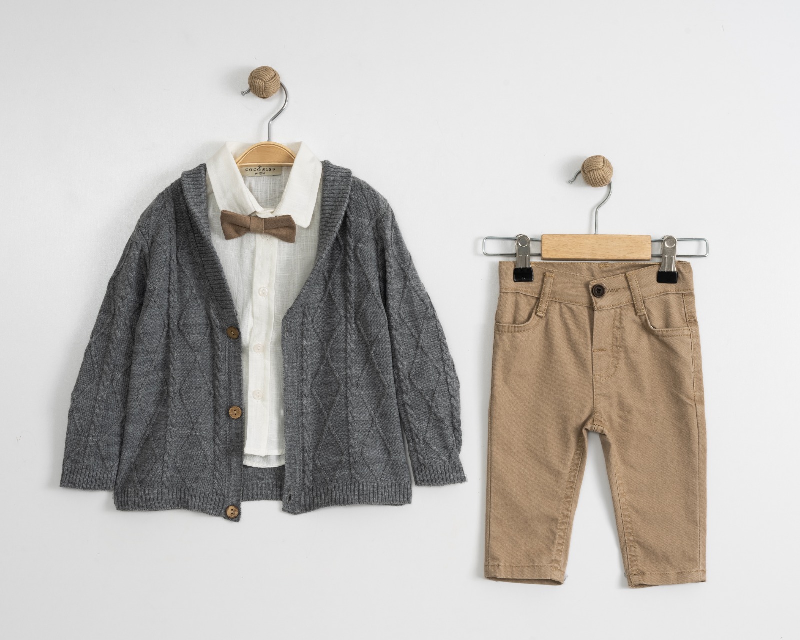 Baby Boys Three Piece Cable Knit Cardigan, Shirt & Chinos Set with Bow ...