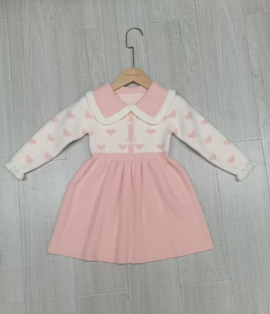 Girls Full Sleeve Knitted Heart Print Dress (3-7Y) - Junior Kids