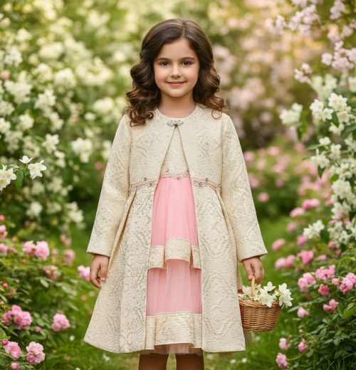Girls Two Piece Pearl Jacquard Long Jacket & Layered Party Dress Set (2-12Y)