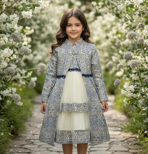 Girls Two Piece Pearl Jacquard Long Jacket & Layered Party Dress Set (2-12Y)