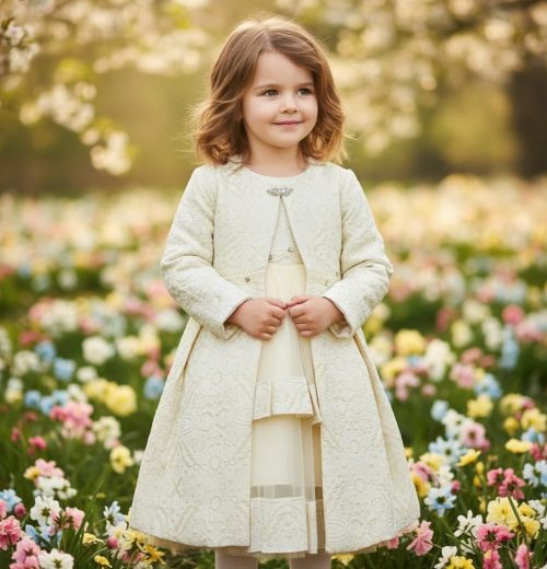 Girls Two Piece Pearl Jacquard Long Jacket & Layered Party Dress Set (2-12Y)