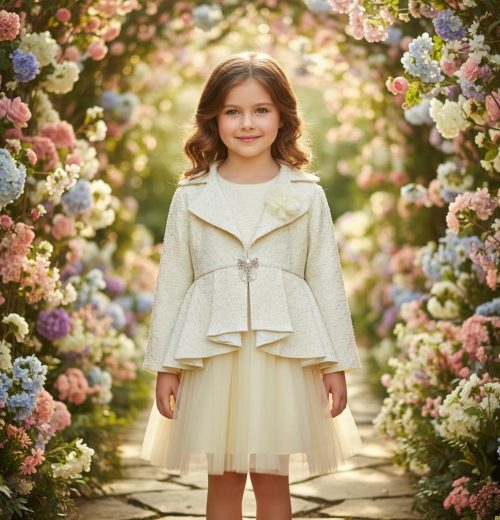 Girls Polka Dot Long Jacket Jacquard Party Dress (2-12Y)