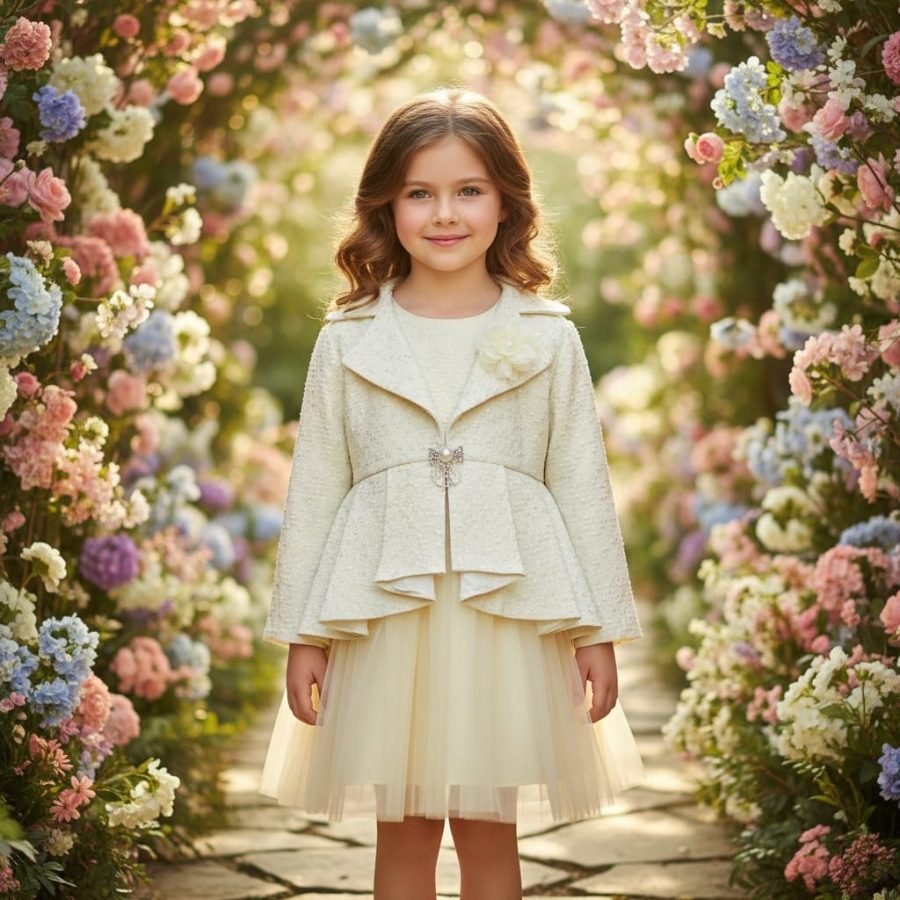 021 Girls Polka Dot Long Jacket Jacquard Party Dress (2-12Y)