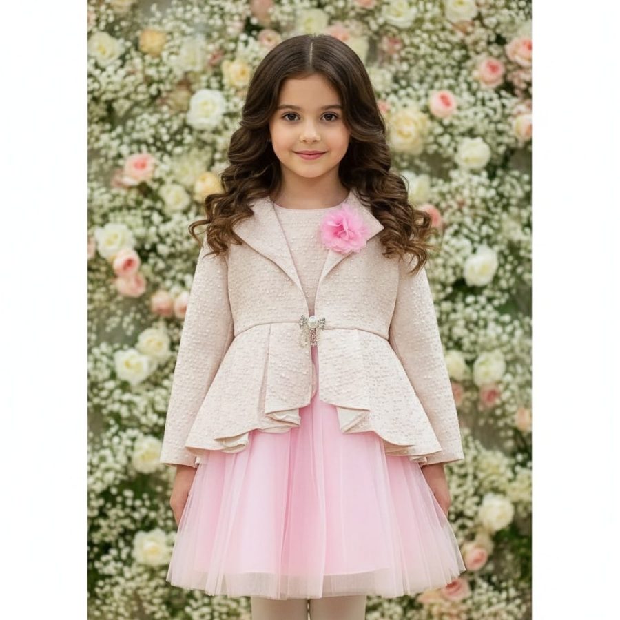 022 Girls Polka Dot Long Jacket Jacquard Party Dress (2-12Y)
