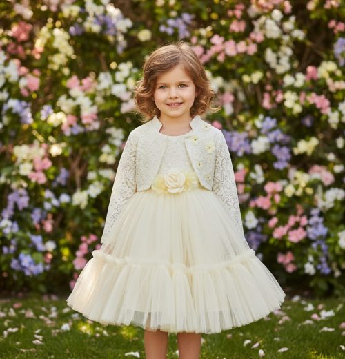 Girls Two Piece Layered Jacquard Flower Party Dress with Shrug (2-12Y)