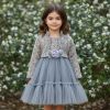 024 Girls Two Piece Layered Jacquard Flower Party Dress with Shrug (2-12Y)
