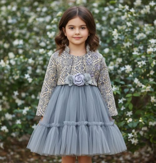 Girls Two Piece Layered Jacquard Flower Party Dress with Shrug (2-12Y)