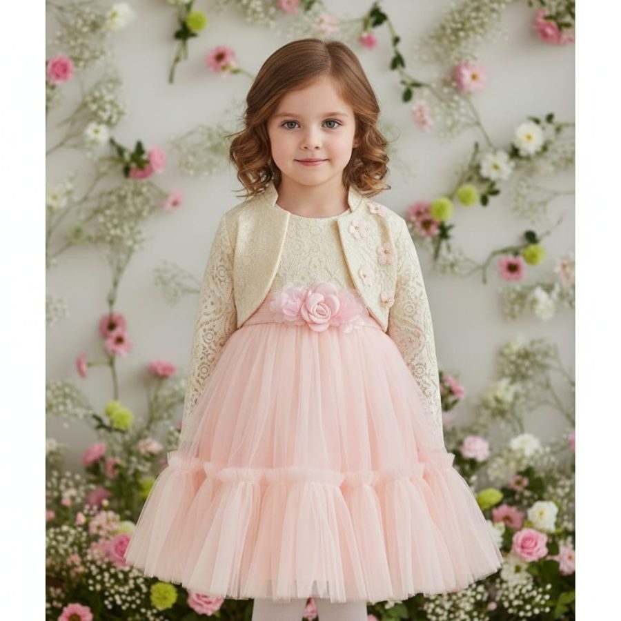 025 Girls Two Piece Layered Jacquard Flower Party Dress with Shrug (2-12Y)