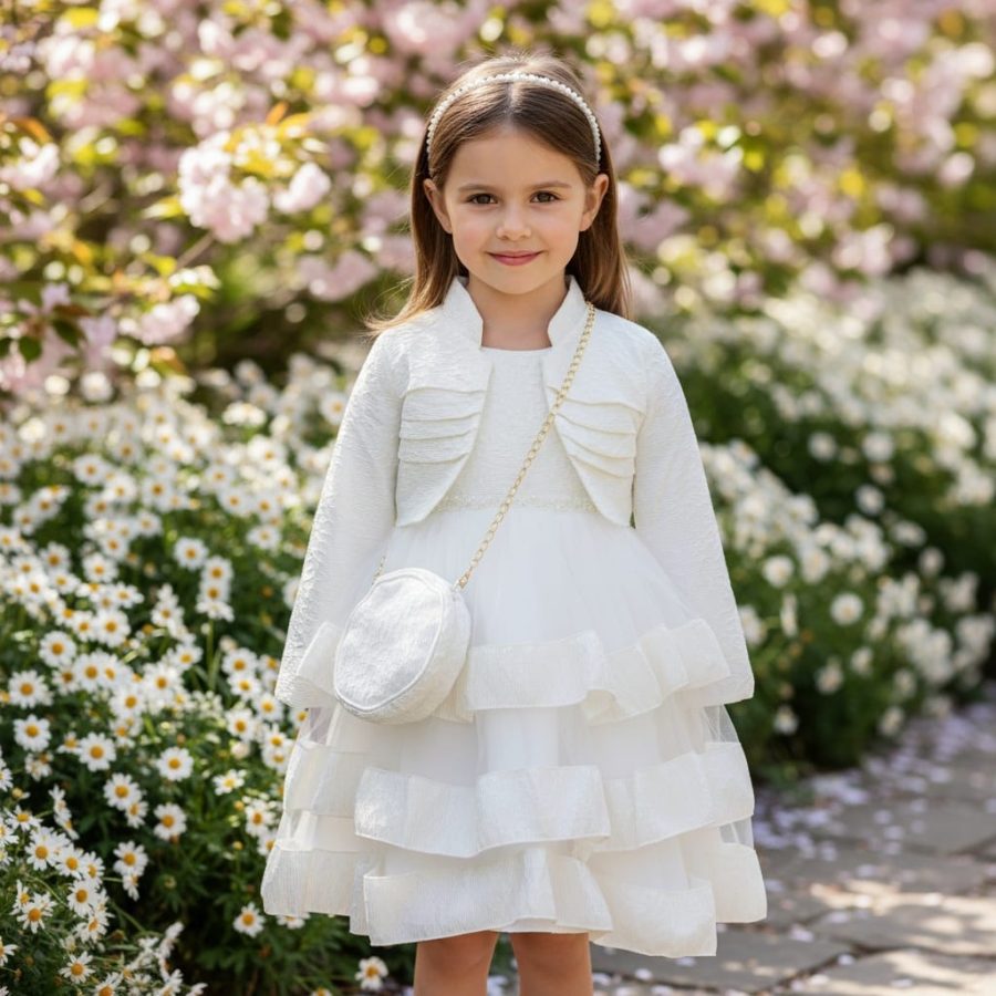 027 Girls Two Floral Layered Jacquard Party Dress with Shrug & Purse (2-12Y)