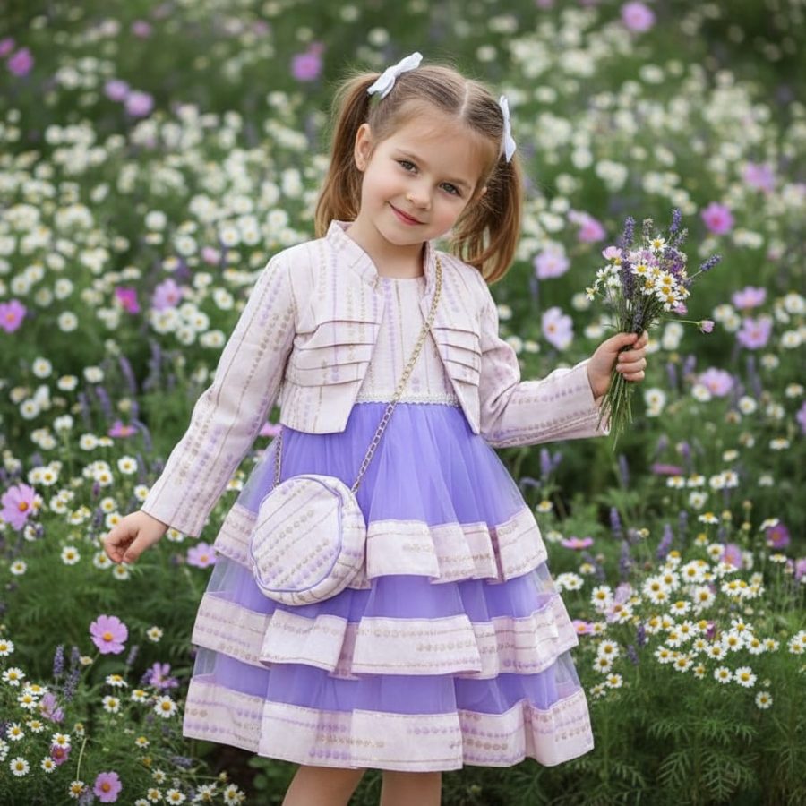 028 Girls Two Floral Layered Jacquard Party Dress with Shrug & Purse (2-12Y)