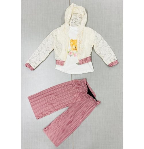 Girls Three Piece Teddy Bear Print Crinkle Trousers Set with Net Cardigan (2-5Y)