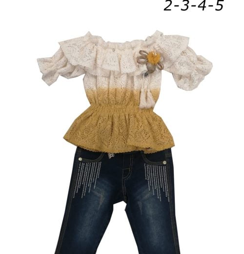 Girls Layered Two Tone Net Top & Denim Shorts Set (2-5Y)