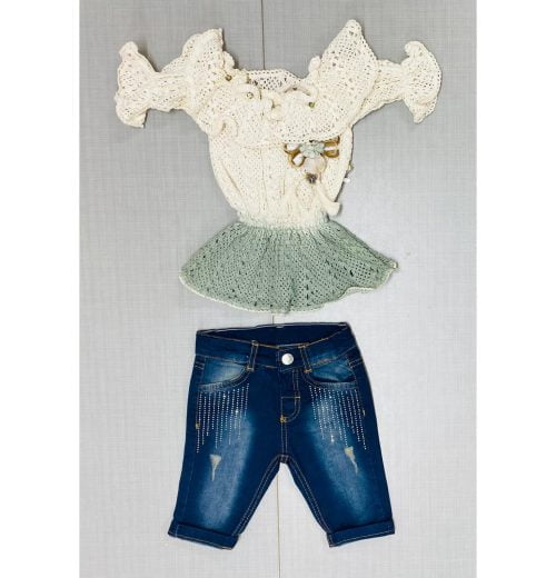 Girls Layered Two Tone Net Top & Denim Shorts Set (2-5Y)