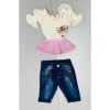 2518 pink Girls Layered Two Tone Net Top & Denim Shorts Set (2-5Y)