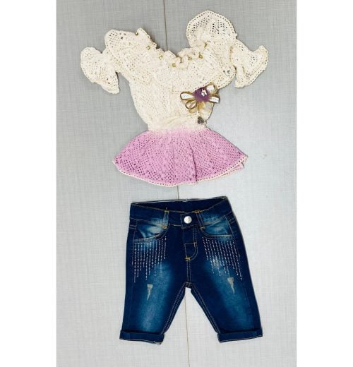 Girls Layered Two Tone Net Top & Denim Shorts Set (2-5Y)