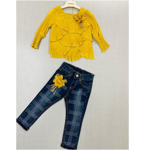 Girls Long Sleeve Crinkle Effect Layered Top & Denim Diamante Jeans Set (2-5Y)