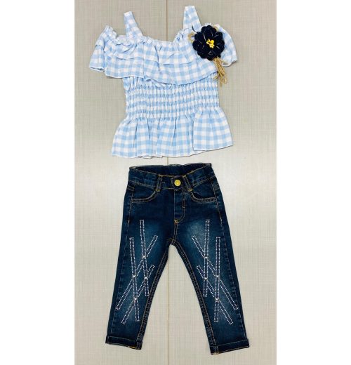 Girls Gingham Check Layered Top & Denim Diamante Jeans Set (2-5Y)
