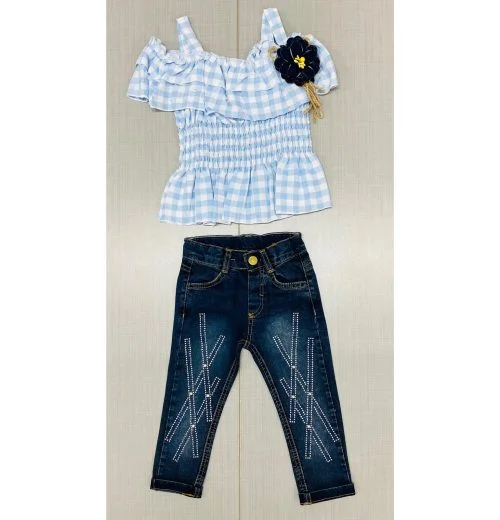 Girls Gingham Check Layered Top & Denim Diamante Jeans Set (2-5Y)