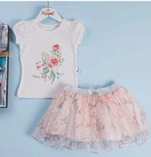Girls Two Piece Floral Diamante Summer Skirt Set (1-4Y)