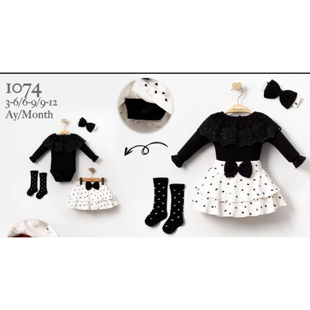 Baby Girls Four Piece Frilly Bow Heart Skirt Set with Headband & Socks