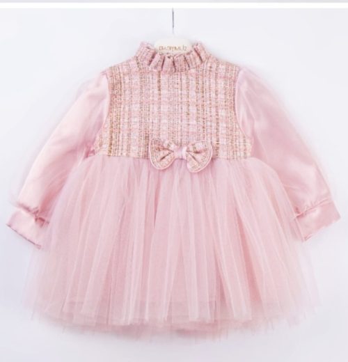 Baby Girls Full Sleeve Glitter Embossed Bow Dress (6-18M)