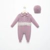 4099 purple Baby Girls Embossed Knitted All in One Spanish Lace Romper with Hat (0-12M)