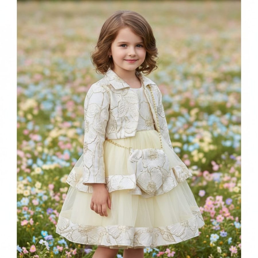 011 Girls Two Piece Floral Embossed Jacquard Pearl Party Dress with Purse (2-12Y)