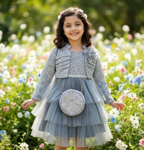 Girls Spotted Embossed Jacquard Layered Shrug Party Dress with Purse (2-12Y)