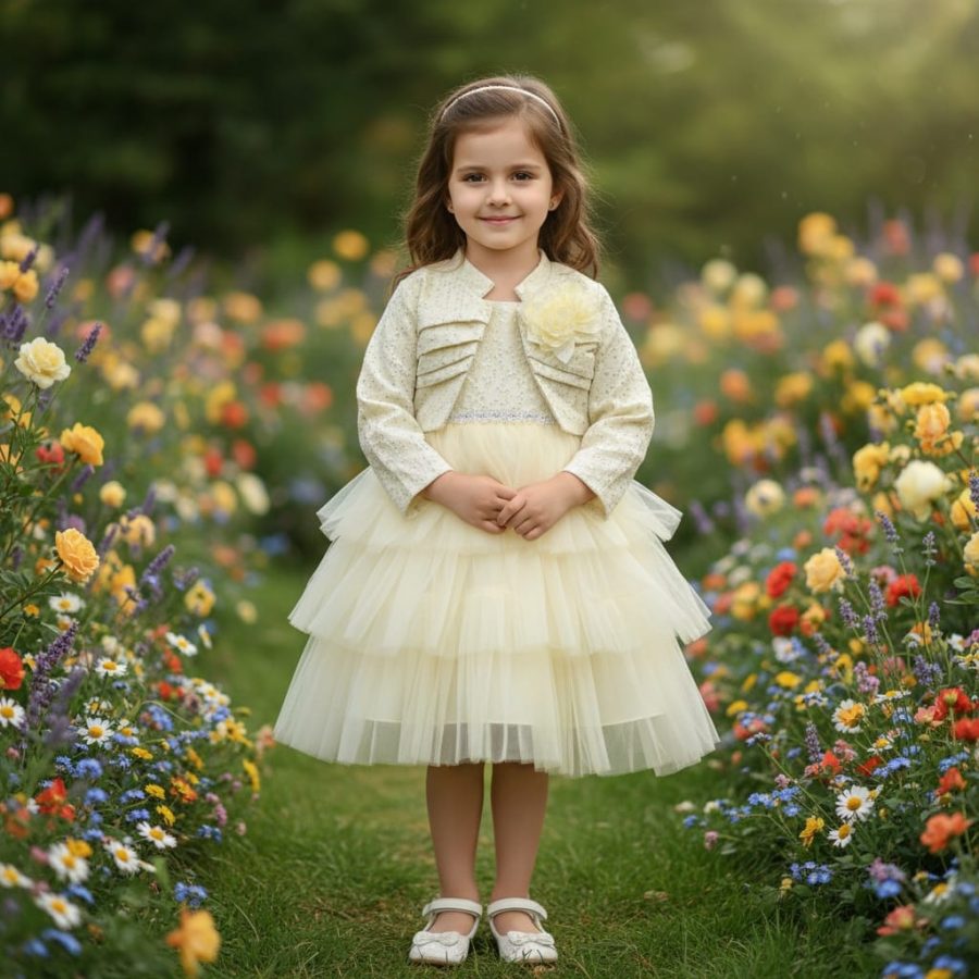 013 Girls Spotted Embossed Jacquard Layered Shrug Party Dress with Purse (2-12Y)