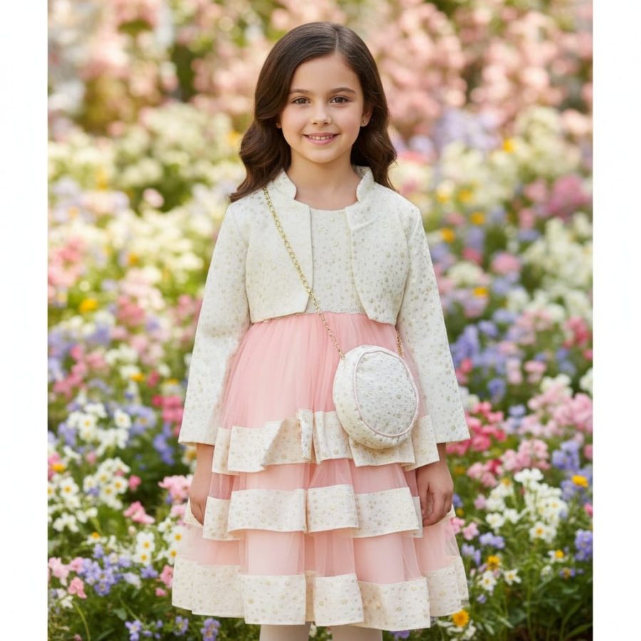 014 Girls Spotted Embossed Jacquard Layered Shrug Party Dress with Purse (2-12Y)