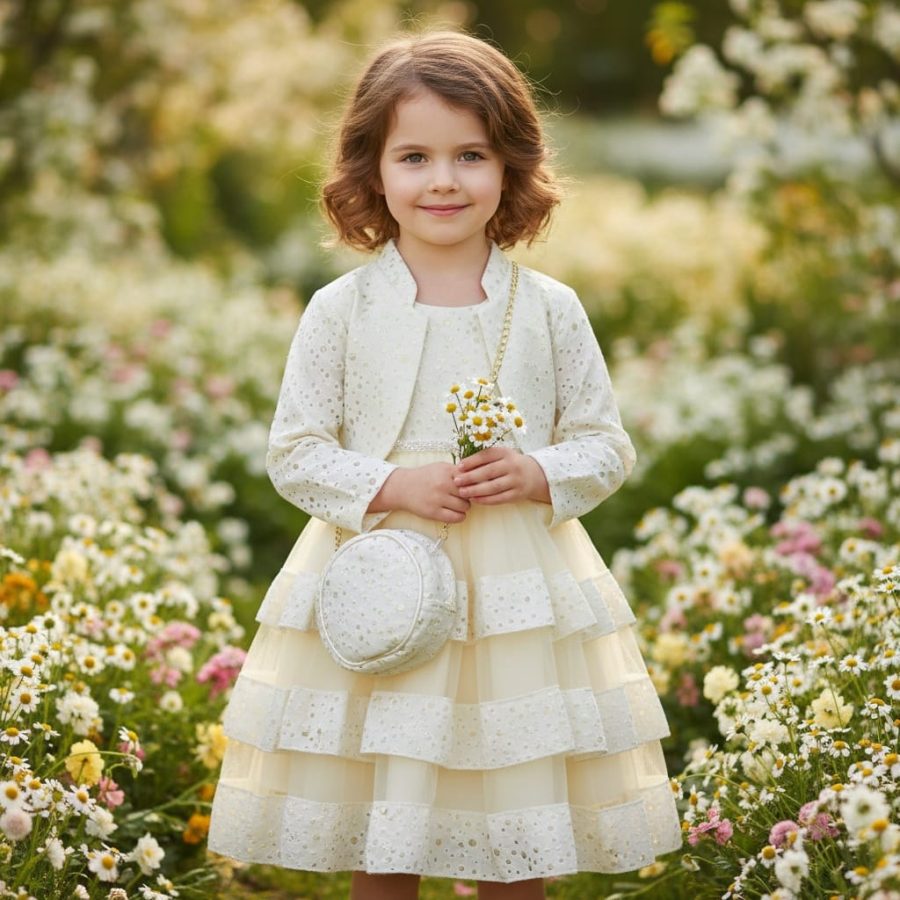 016 Girls Spotted Embossed Jacquard Layered Shrug Party Dress with Purse (2-12Y)