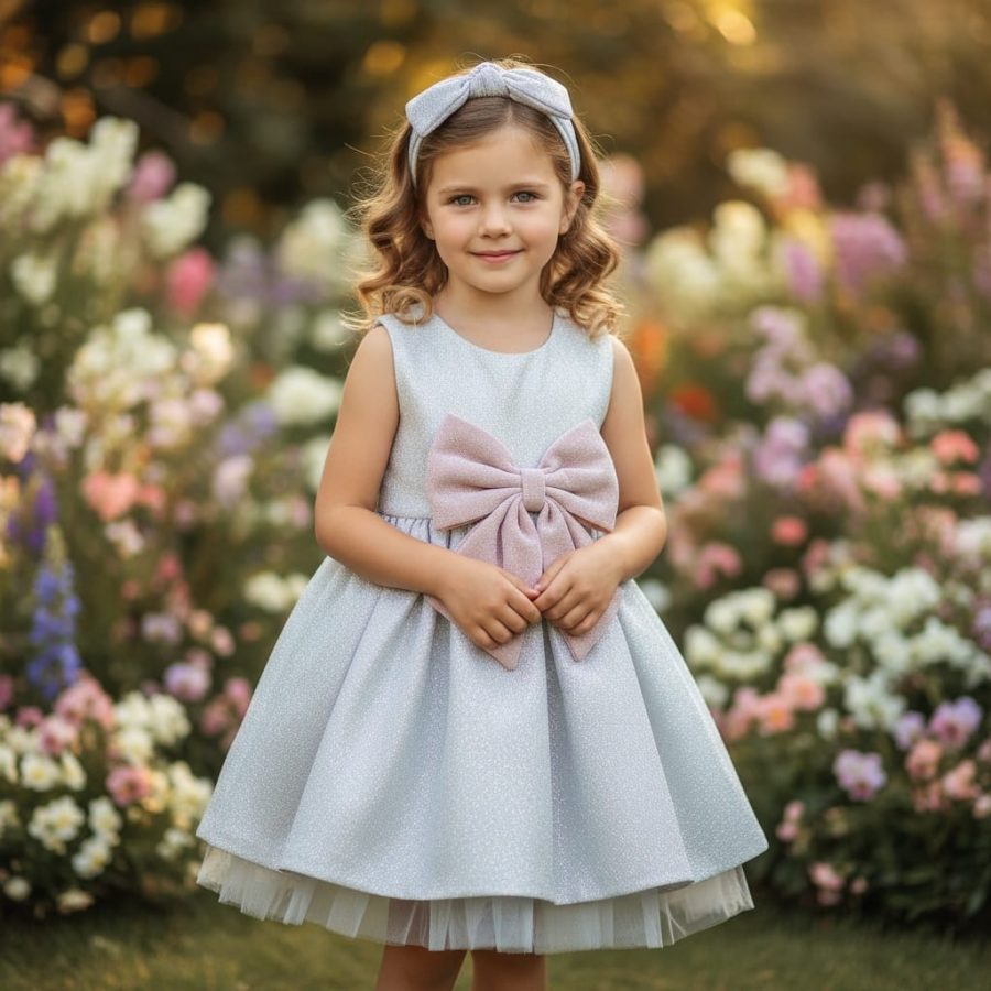 01 Girls Full Glitter Bow Party Dress with Headband (2-12Y)
