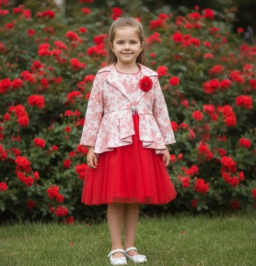 Girls Two Piece Floral Embossed Long Jacket Jacquard Party Dress (2-12Y)