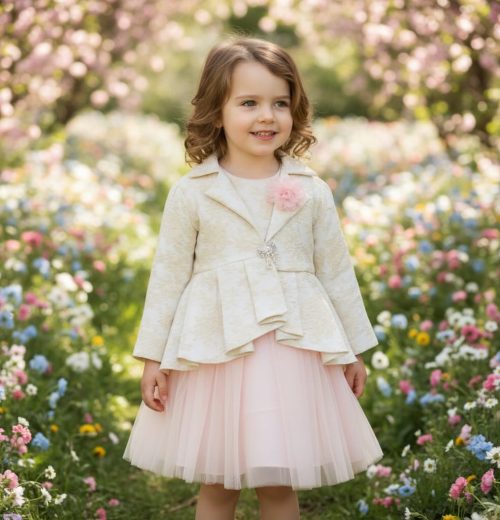 Girls Two Piece Floral Embossed Long Jacket Jacquard Party Dress (2-12Y)