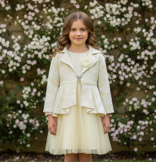 Girls Two Piece Floral Embossed Long Jacket Jacquard Party Dress (2-12Y)