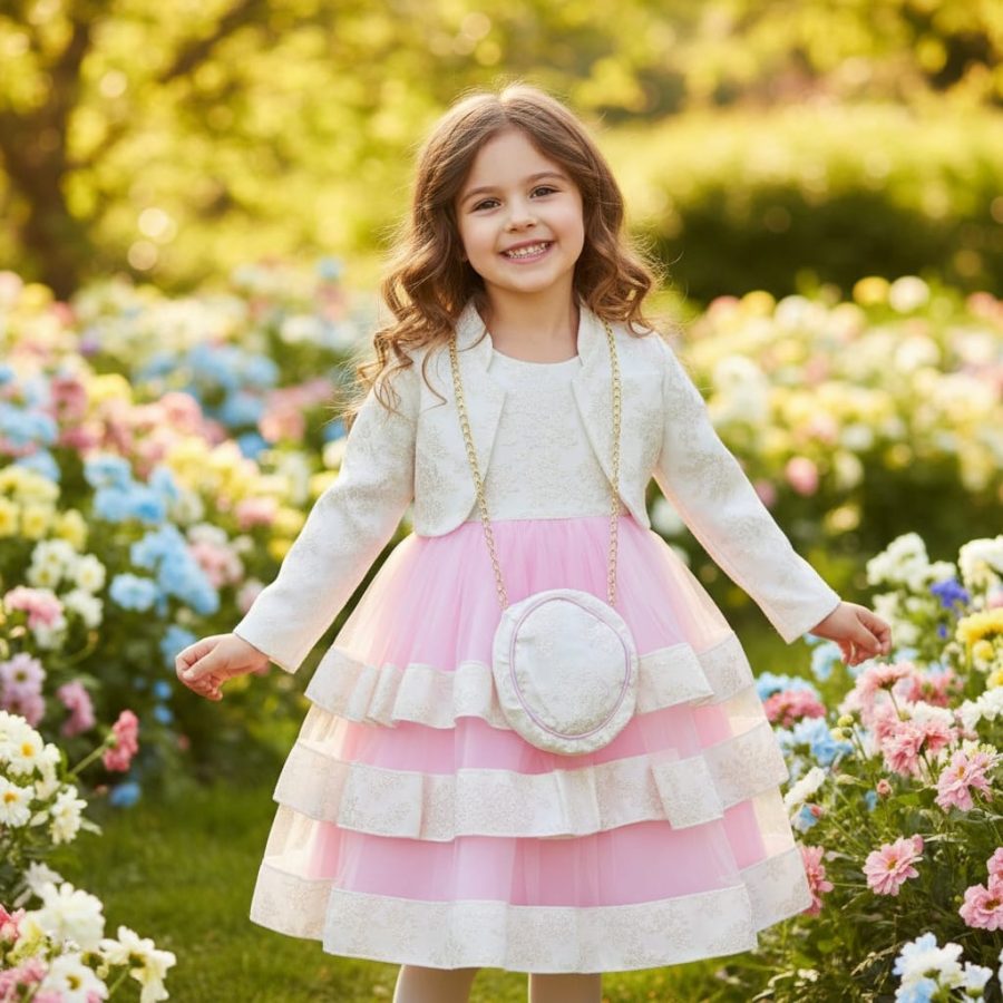 06 Girls Two Piece Lurex Glitter Floral Layered Jacquard Party Dress with Purse (2-12Y)