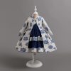 bw2047 blue Girls Two Piece Pearl Jacquard Long Jacket & Layered Party Dress Set (2-12Y)
