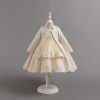 bw2047 gold Girls Two Piece Pearl Jacquard Long Jacket & Layered Party Dress Set (2-12Y)