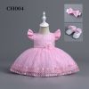 004 pink Baby Girls Embroidered Flower Frilly Sleeve Party Dress with Shoes and Headband (6-24M)
