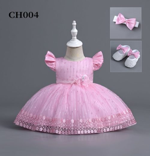 Baby Girls Embroidered Flower Frilly Sleeve Party Dress with Shoes and Headband (6-24M)