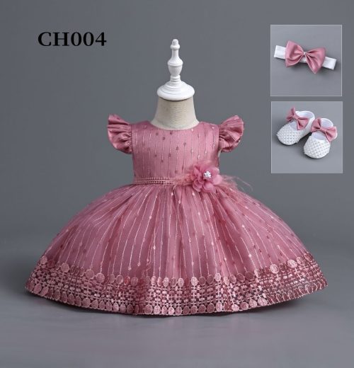 Baby Girls Embroidered Flower Frilly Sleeve Party Dress with Shoes and Headband (6-24M)