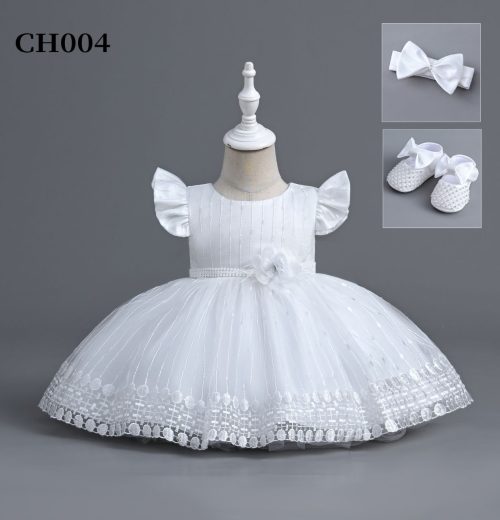 Baby Girls Embroidered Flower Frilly Sleeve Party Dress with Shoes and Headband (6-24M)