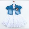 13188 white Girls Floral Embossed Layered Net Dress with Denim Shrug (2-5Y)