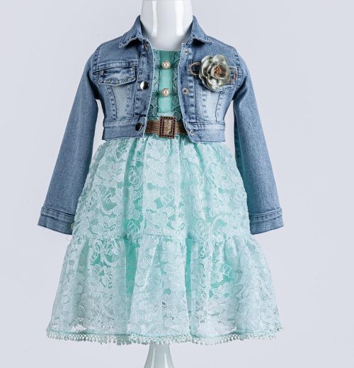 Girls Floral Embossed Layered Net Dress & Diamante Denim Jacket Set (2-5Y)